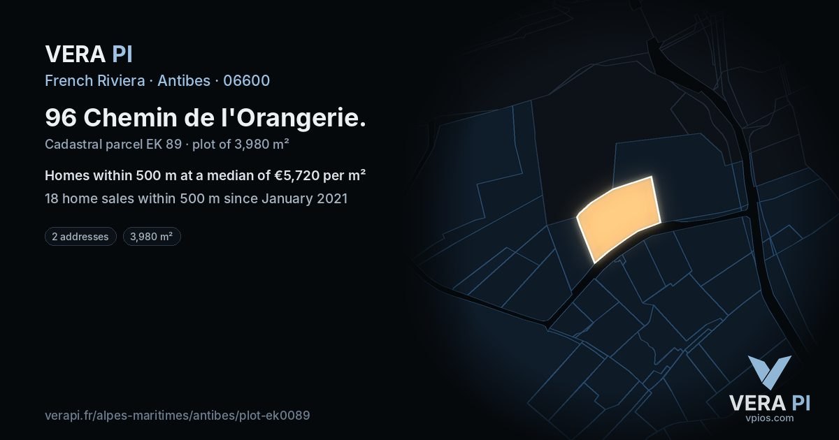 96 Chemin de l'Orangerie, Antibes at night – the plot lit, the parcels around coloured by the prices near them