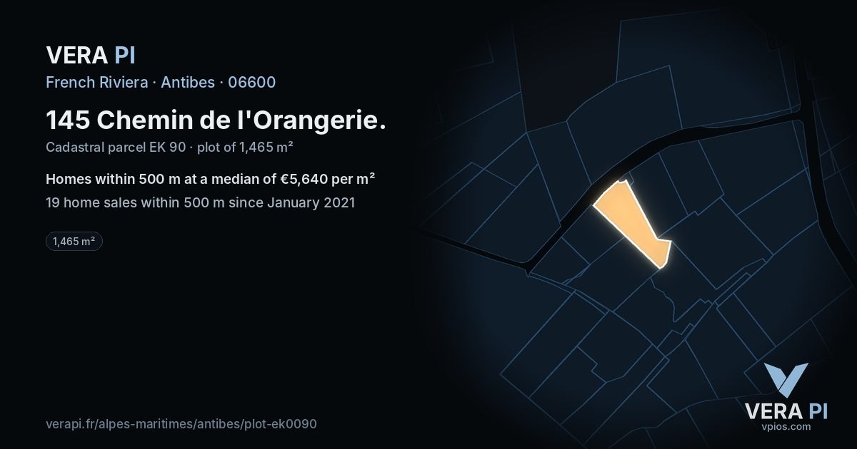 145 Chemin de l'Orangerie, Antibes at night – the plot lit, the parcels around coloured by the prices near them