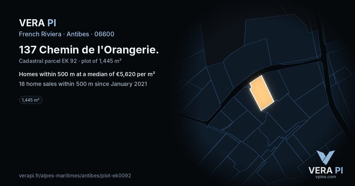 137 Chemin de l'Orangerie, Antibes at night – the plot lit, the parcels around coloured by the prices near them