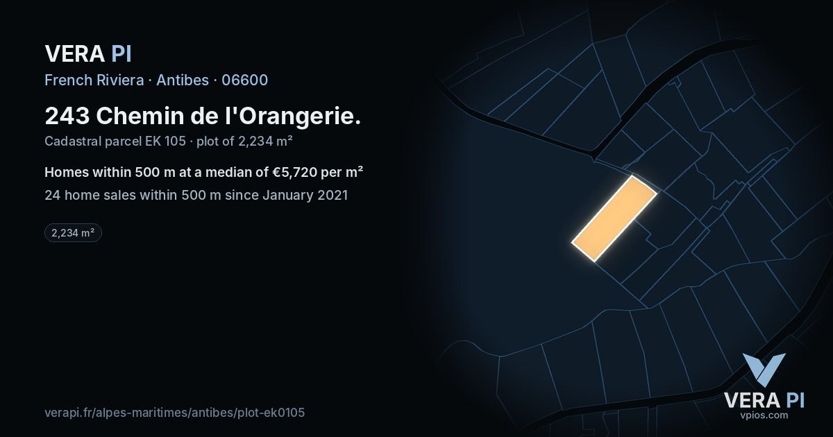 243 Chemin de l'Orangerie, Antibes at night – the plot lit, the parcels around coloured by the prices near them