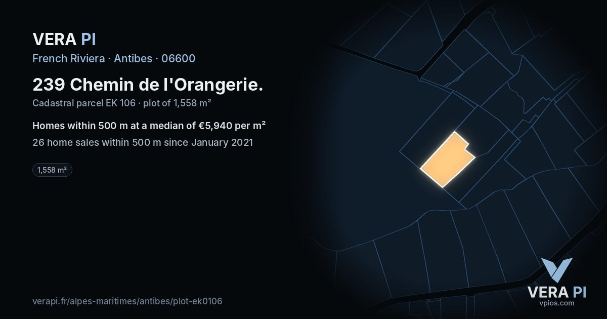 239 Chemin de l'Orangerie, Antibes at night – the plot lit, the parcels around coloured by the prices near them