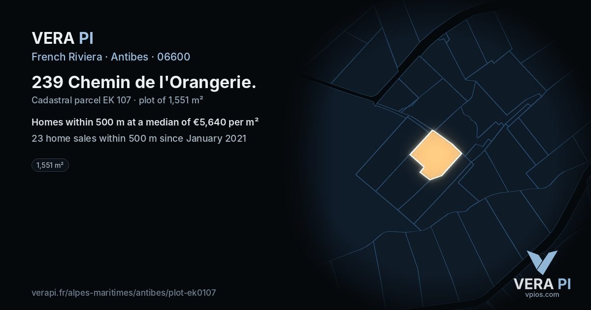 239 Chemin de l'Orangerie, Antibes at night – the plot lit, the parcels around coloured by the prices near them