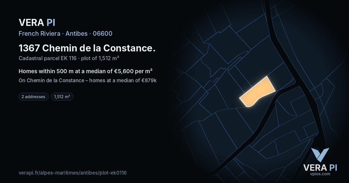 1367 Chemin de la Constance, Antibes at night – the plot lit, the parcels around coloured by the prices near them