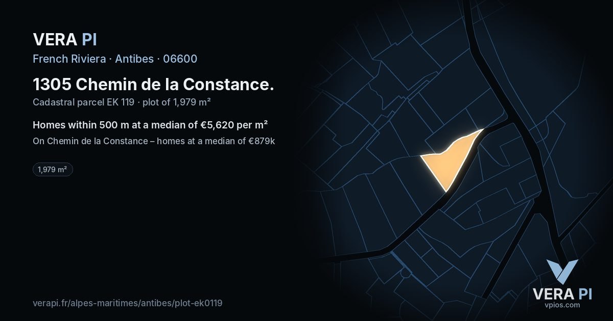 1305 Chemin de la Constance, Antibes at night – the plot lit, the parcels around coloured by the prices near them