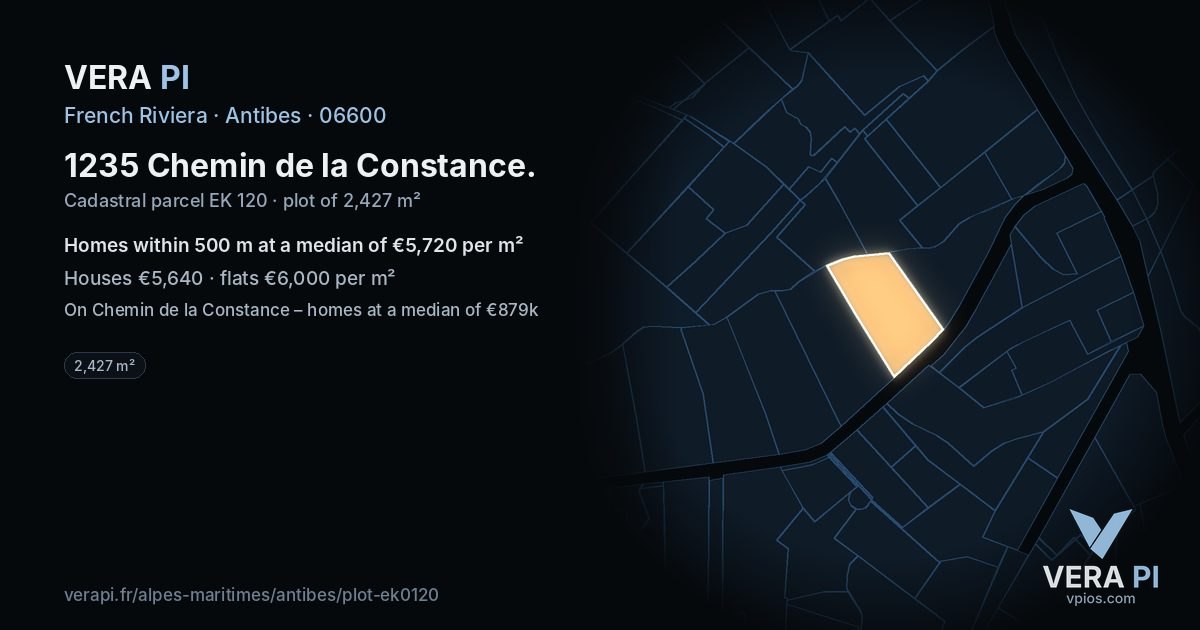 1235 Chemin de la Constance, Antibes at night – the plot lit, the parcels around coloured by the prices near them