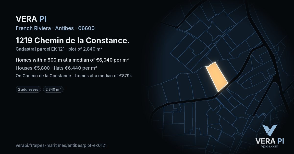 1219 Chemin de la Constance, Antibes at night – the plot lit, the parcels around coloured by the prices near them
