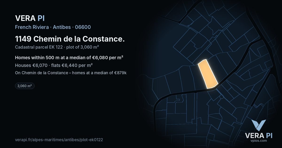 1149 Chemin de la Constance, Antibes at night – the plot lit, the parcels around coloured by the prices near them