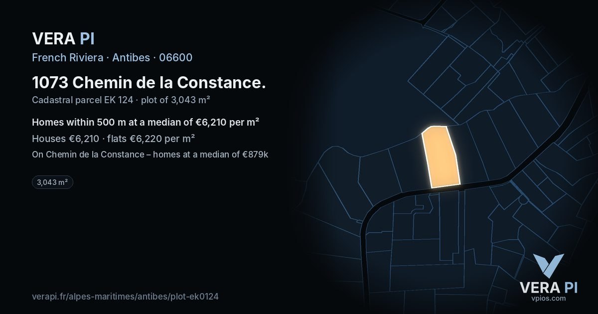 1073 Chemin de la Constance, Antibes at night – the plot lit, the parcels around coloured by the prices near them