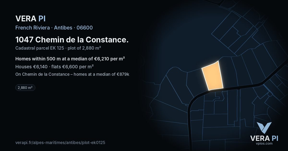 1047 Chemin de la Constance, Antibes at night – the plot lit, the parcels around coloured by the prices near them