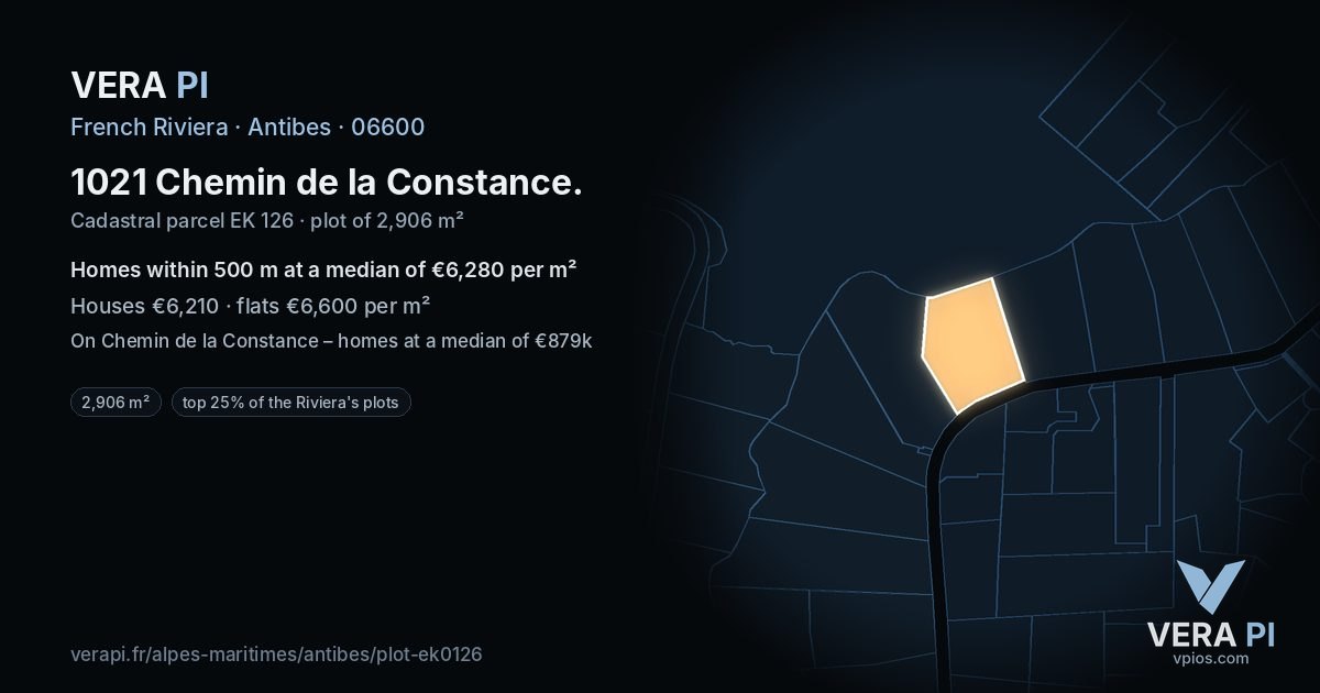 1021 Chemin de la Constance, Antibes at night – the plot lit, the parcels around coloured by the prices near them