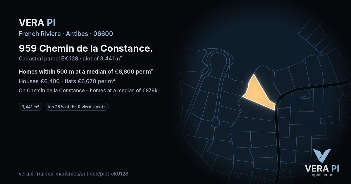 959 Chemin de la Constance, Antibes at night – the plot lit, the parcels around coloured by the prices near them