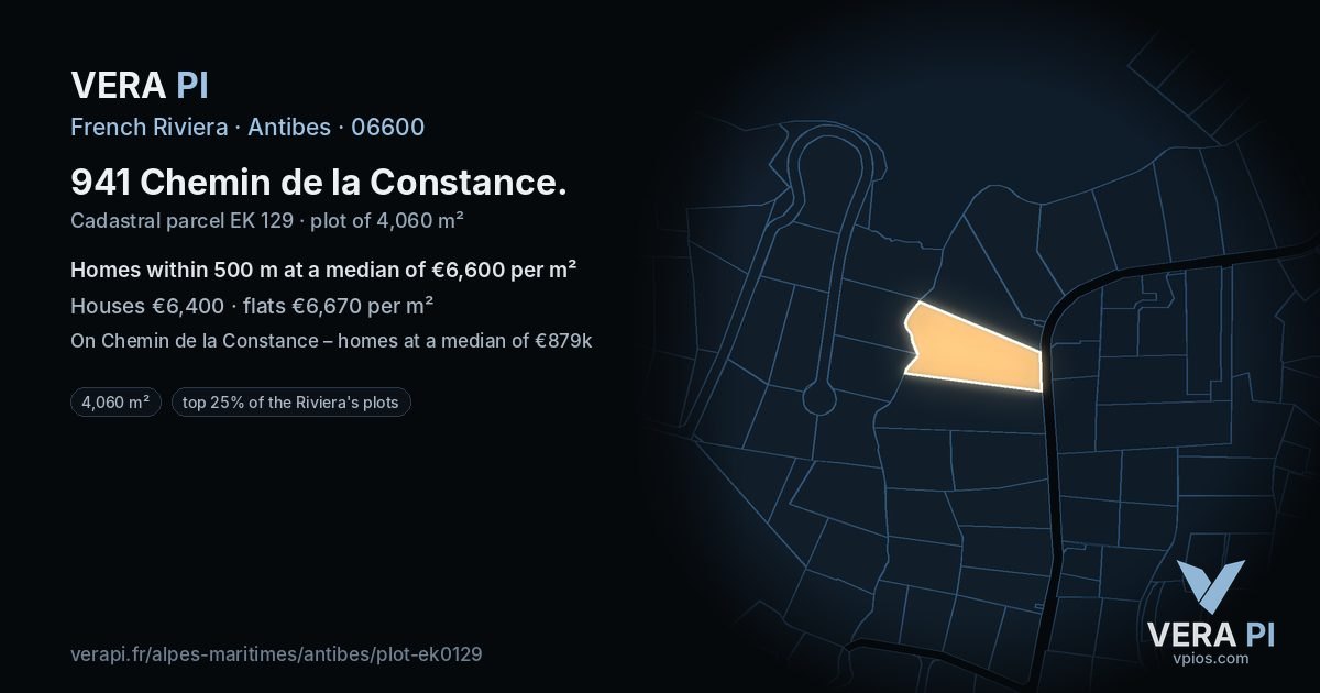 941 Chemin de la Constance, Antibes at night – the plot lit, the parcels around coloured by the prices near them