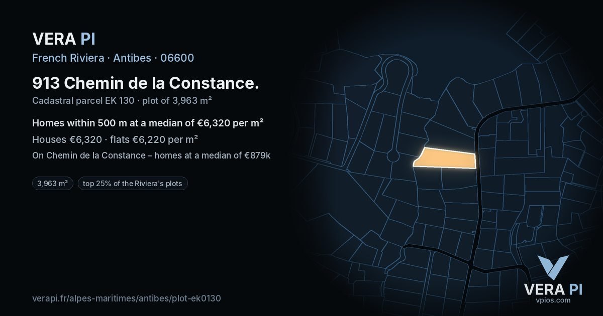 913 Chemin de la Constance, Antibes at night – the plot lit, the parcels around coloured by the prices near them