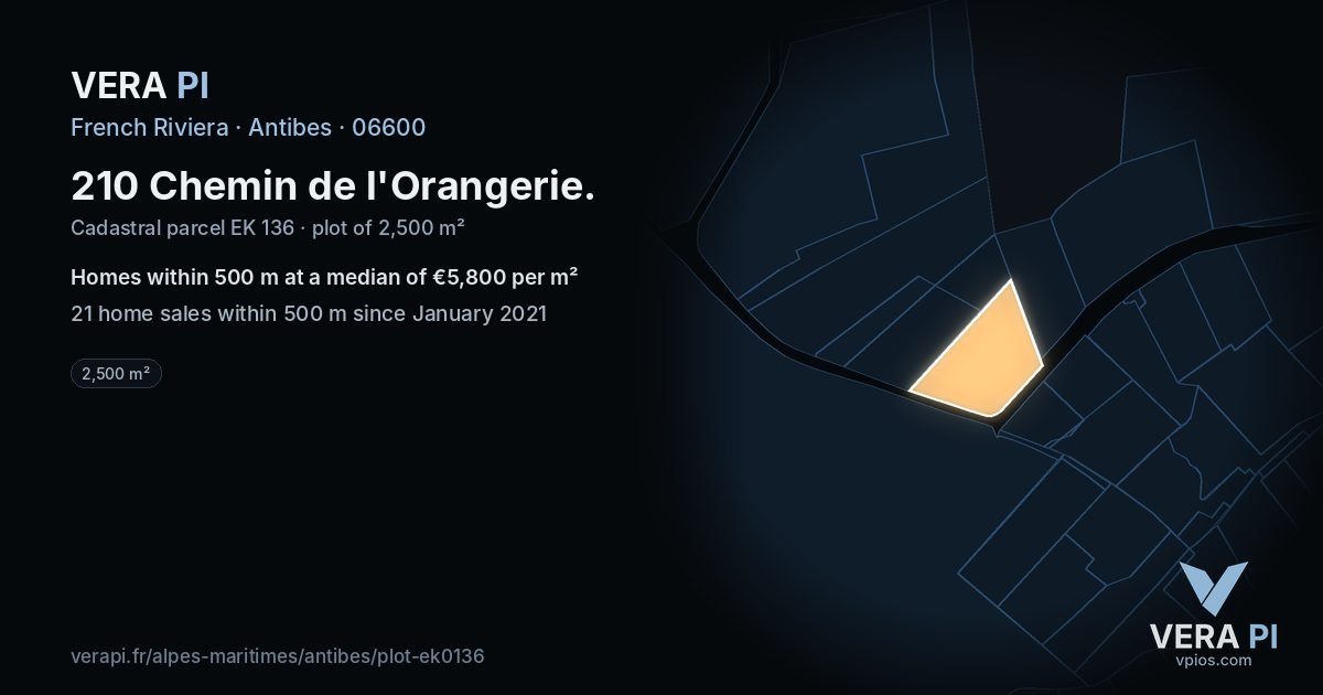 210 Chemin de l'Orangerie, Antibes at night – the plot lit, the parcels around coloured by the prices near them