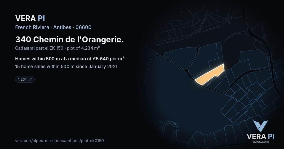 340 Chemin de l'Orangerie, Antibes at night – the plot lit, the parcels around coloured by the prices near them