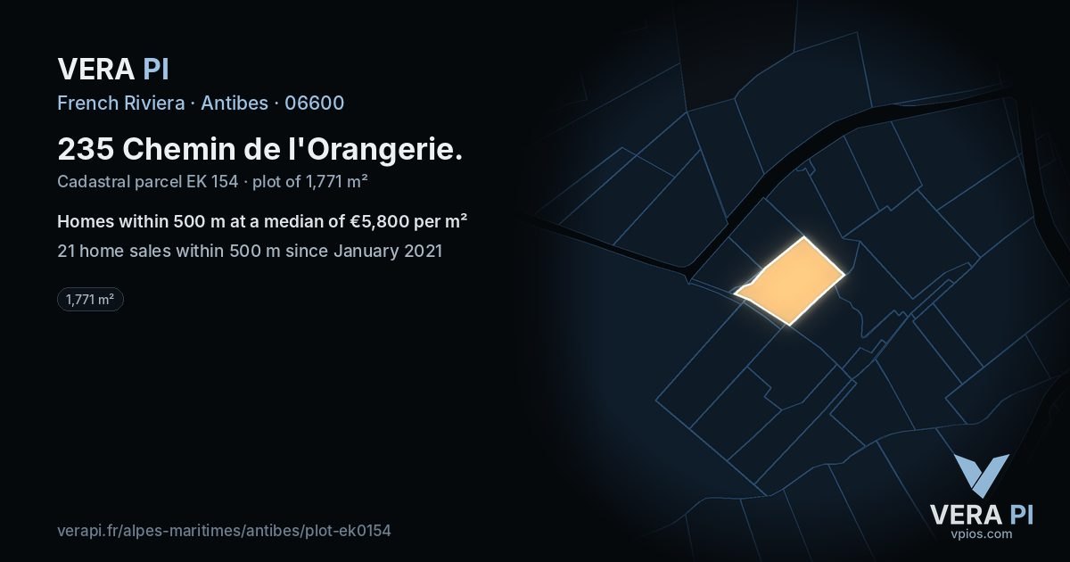 235 Chemin de l'Orangerie, Antibes at night – the plot lit, the parcels around coloured by the prices near them