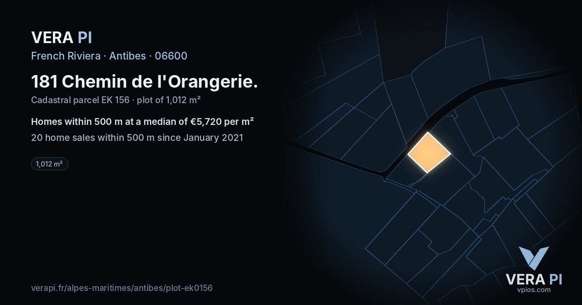 181 Chemin de l'Orangerie, Antibes at night – the plot lit, the parcels around coloured by the prices near them