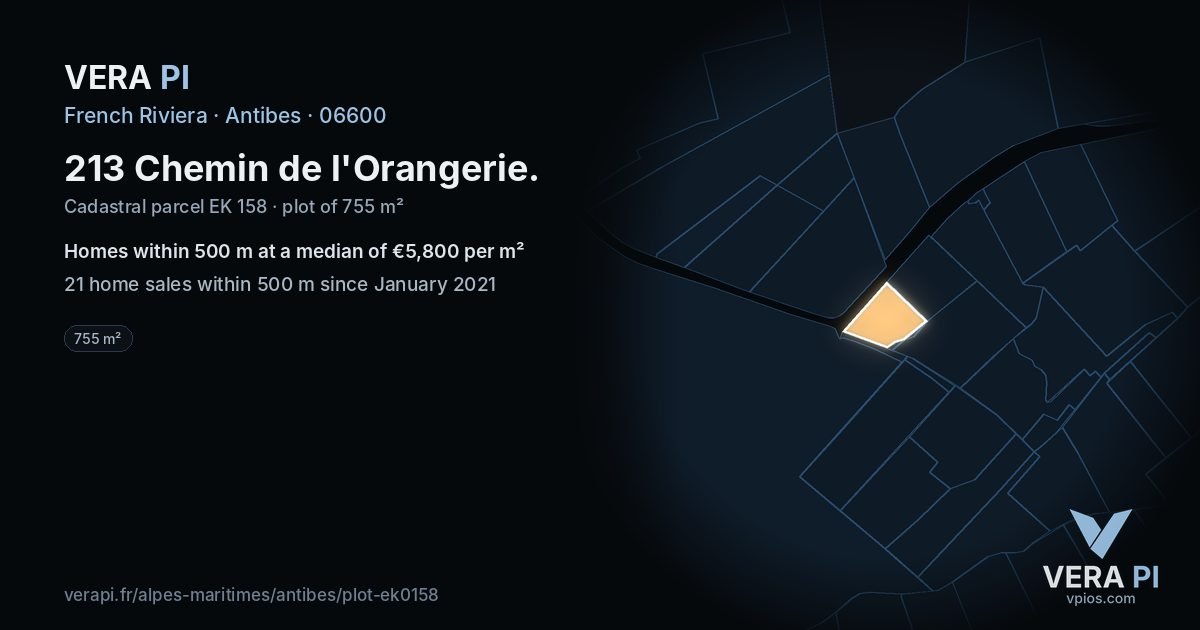 213 Chemin de l'Orangerie, Antibes at night – the plot lit, the parcels around coloured by the prices near them