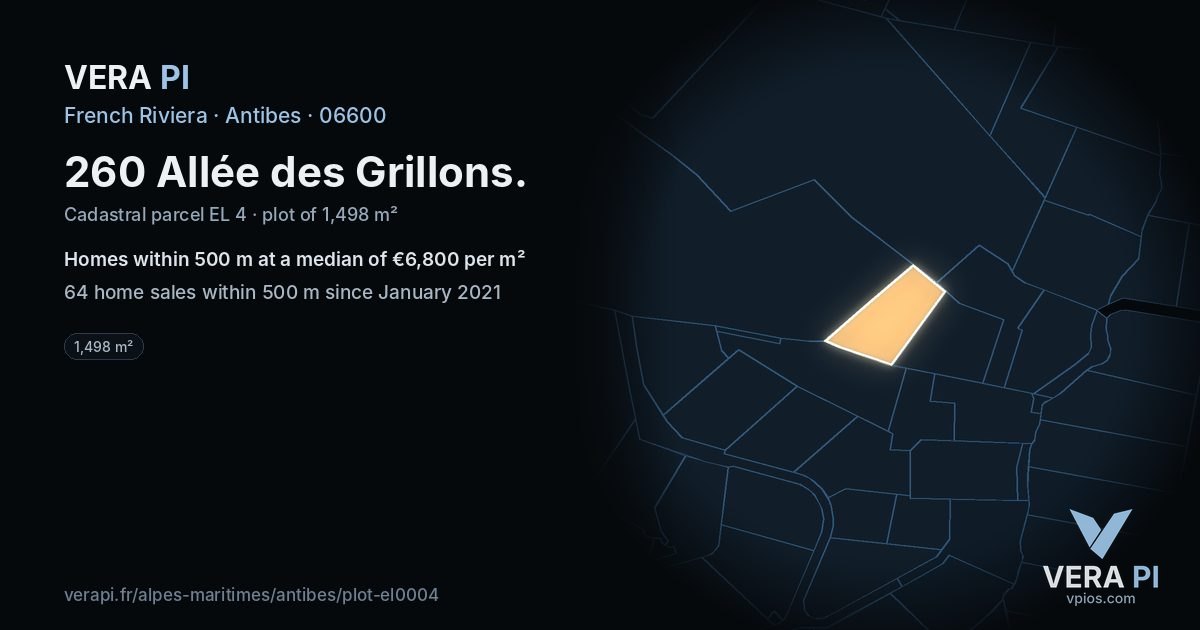 260 Allée des Grillons, Antibes at night – the plot lit, the parcels around coloured by the prices near them