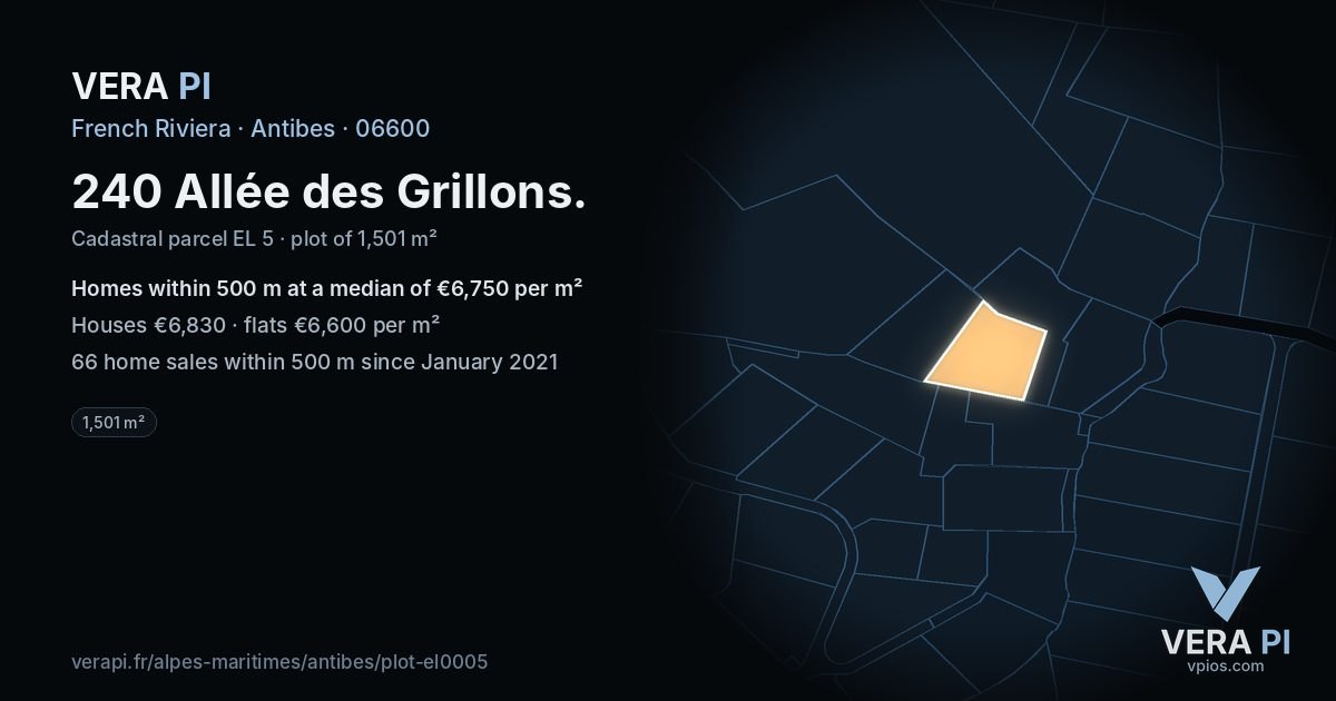 240 Allée des Grillons, Antibes at night – the plot lit, the parcels around coloured by the prices near them