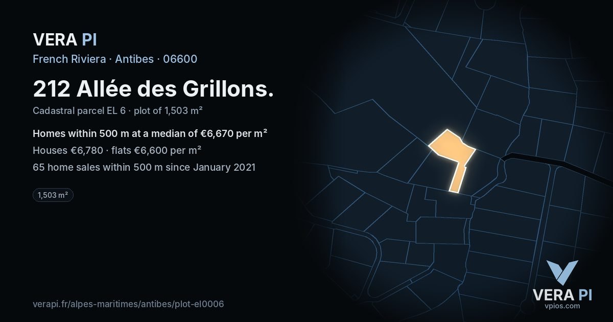 212 Allée des Grillons, Antibes at night – the plot lit, the parcels around coloured by the prices near them