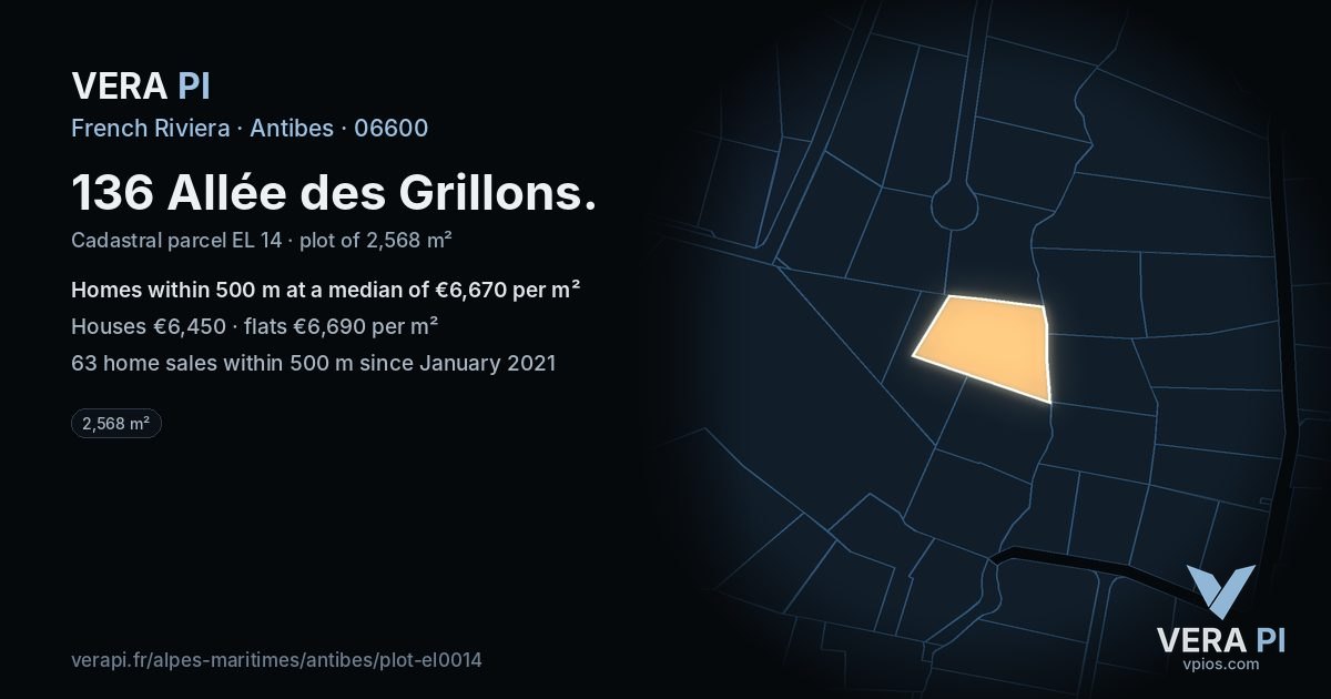 136 Allée des Grillons, Antibes at night – the plot lit, the parcels around coloured by the prices near them