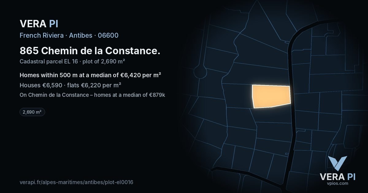 865 Chemin de la Constance, Antibes at night – the plot lit, the parcels around coloured by the prices near them