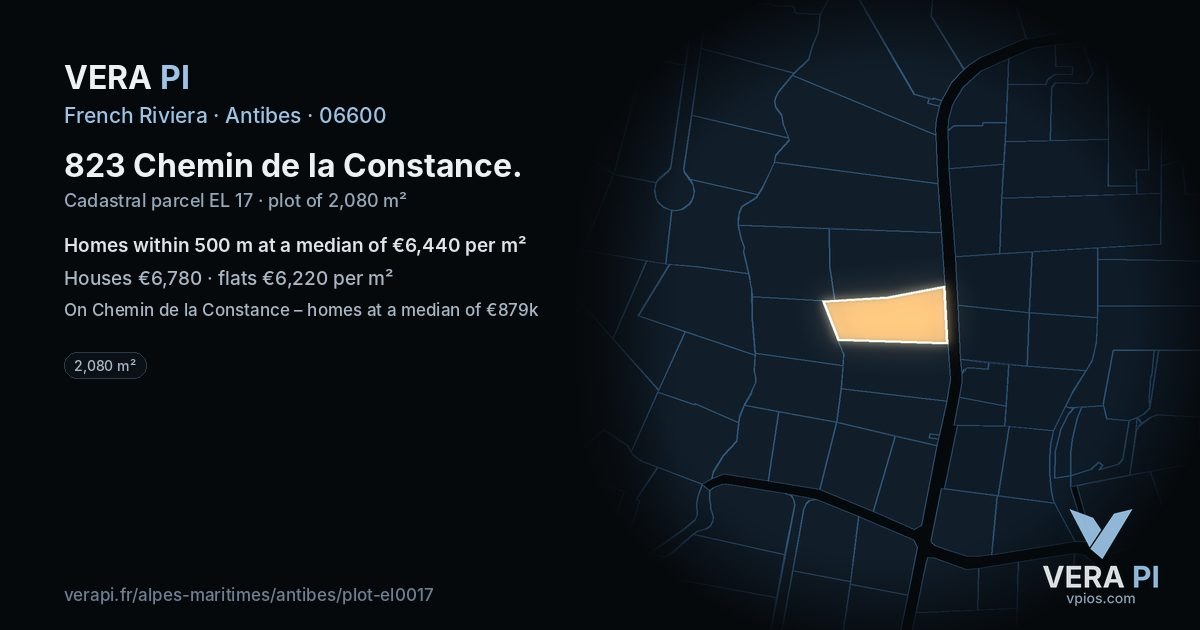 823 Chemin de la Constance, Antibes at night – the plot lit, the parcels around coloured by the prices near them