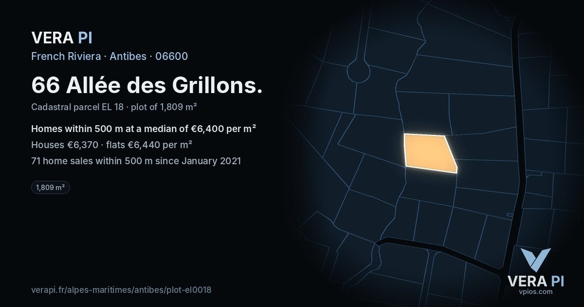66 Allée des Grillons, Antibes at night – the plot lit, the parcels around coloured by the prices near them