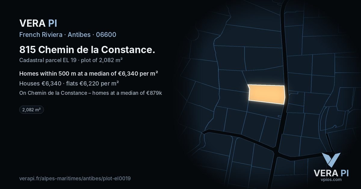 815 Chemin de la Constance, Antibes at night – the plot lit, the parcels around coloured by the prices near them