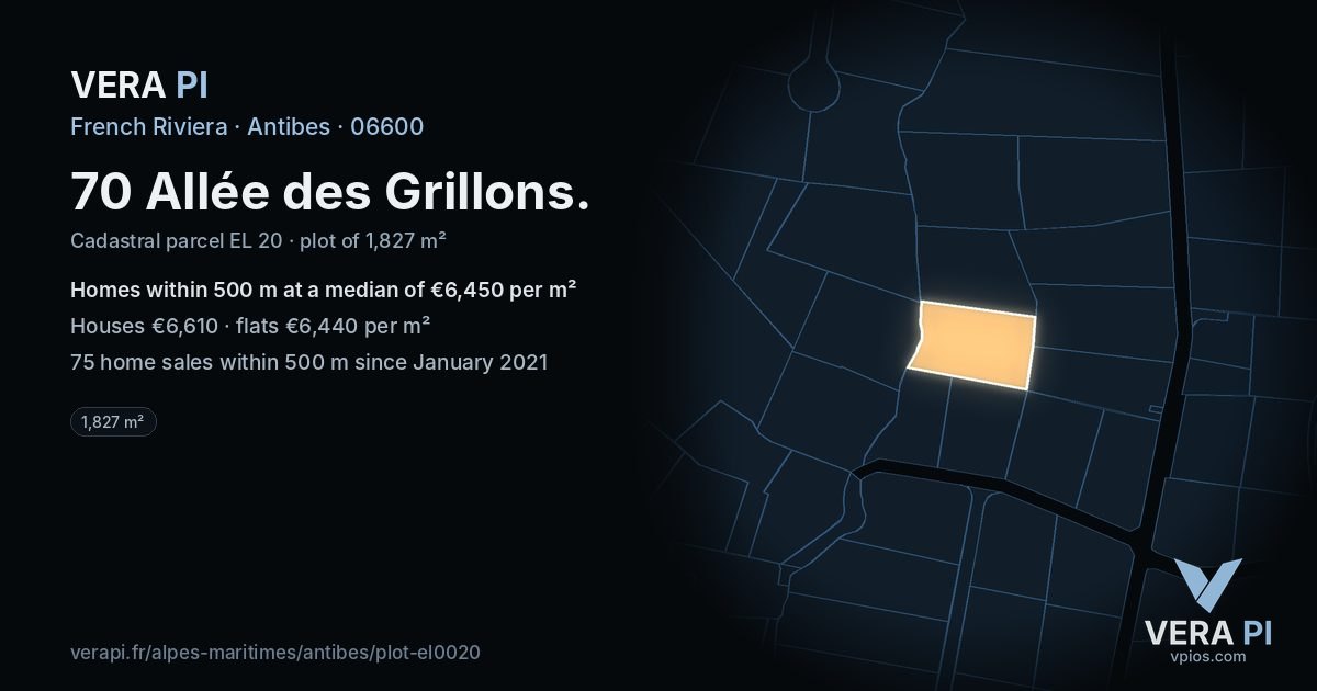 70 Allée des Grillons, Antibes at night – the plot lit, the parcels around coloured by the prices near them