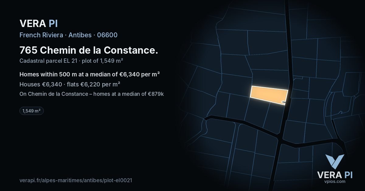 765 Chemin de la Constance, Antibes at night – the plot lit, the parcels around coloured by the prices near them