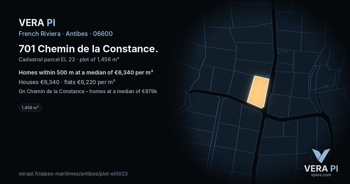701 Chemin de la Constance, Antibes at night – the plot lit, the parcels around coloured by the prices near them