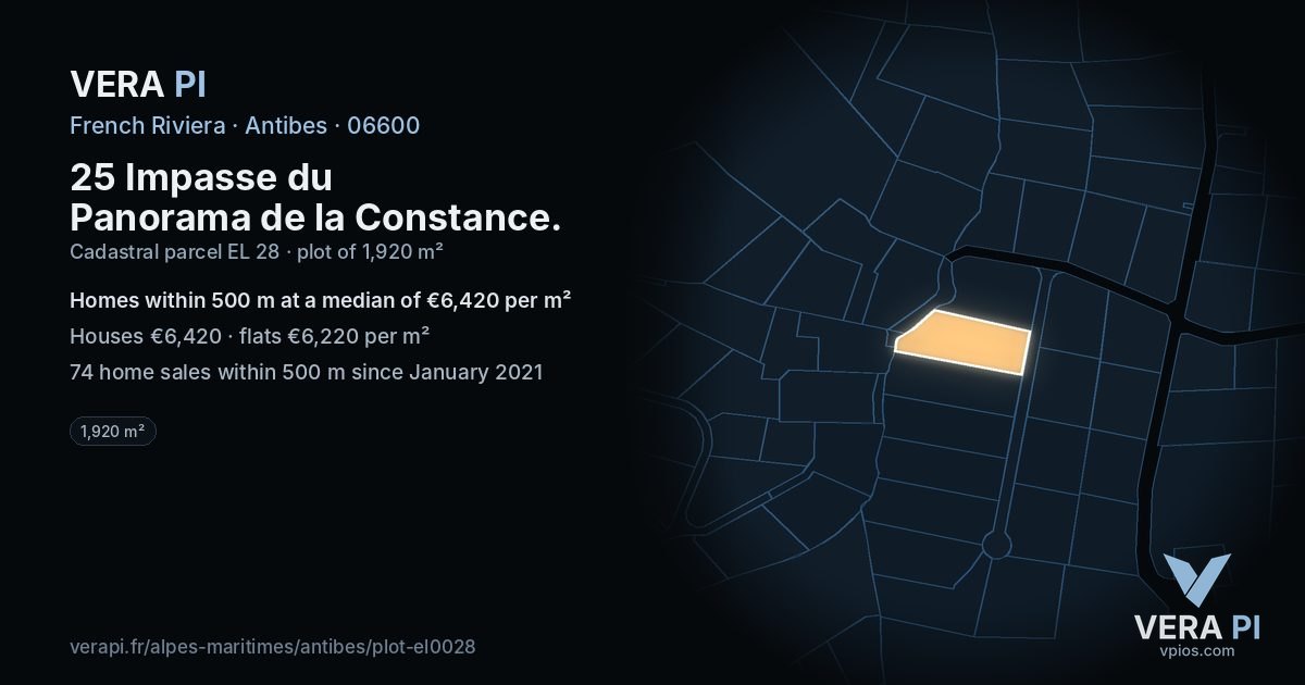25 Impasse du Panorama de la Constance, Antibes at night – the plot lit, the parcels around coloured by the prices near them