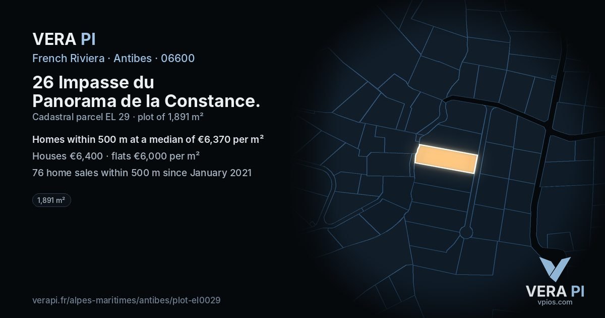 26 Impasse du Panorama de la Constance, Antibes at night – the plot lit, the parcels around coloured by the prices near them