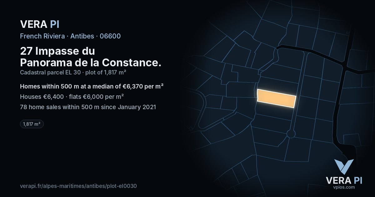 27 Impasse du Panorama de la Constance, Antibes at night – the plot lit, the parcels around coloured by the prices near them