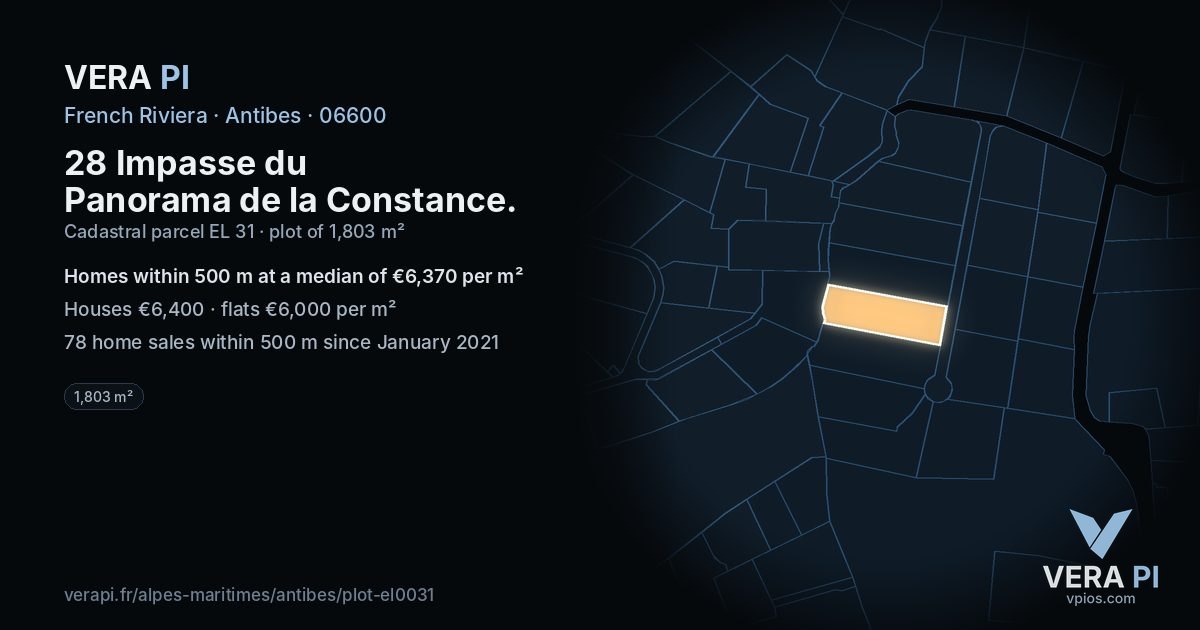 28 Impasse du Panorama de la Constance, Antibes at night – the plot lit, the parcels around coloured by the prices near them