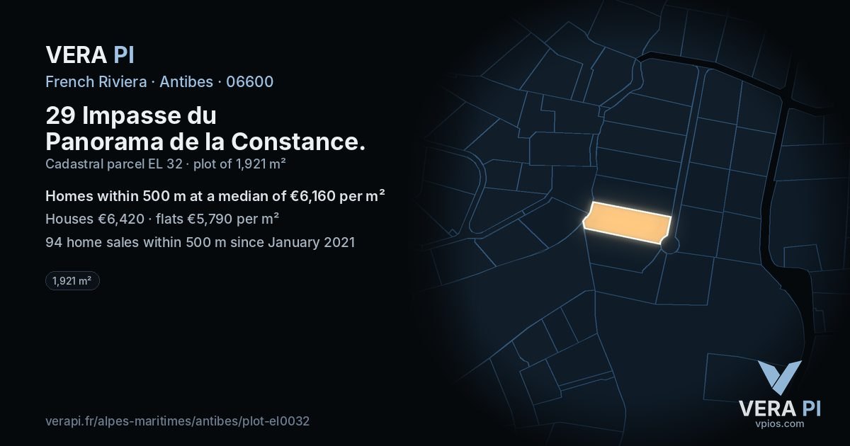 29 Impasse du Panorama de la Constance, Antibes at night – the plot lit, the parcels around coloured by the prices near them