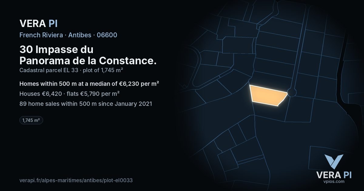 30 Impasse du Panorama de la Constance, Antibes at night – the plot lit, the parcels around coloured by the prices near them