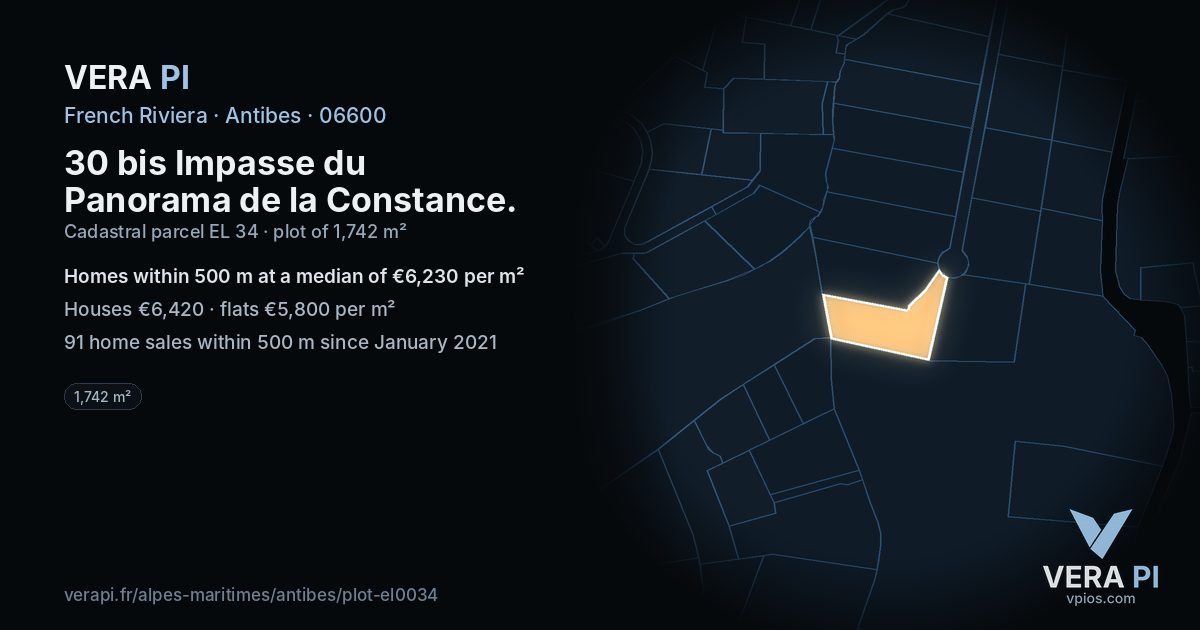 30 bis Impasse du Panorama de la Constance, Antibes at night – the plot lit, the parcels around coloured by the prices near them