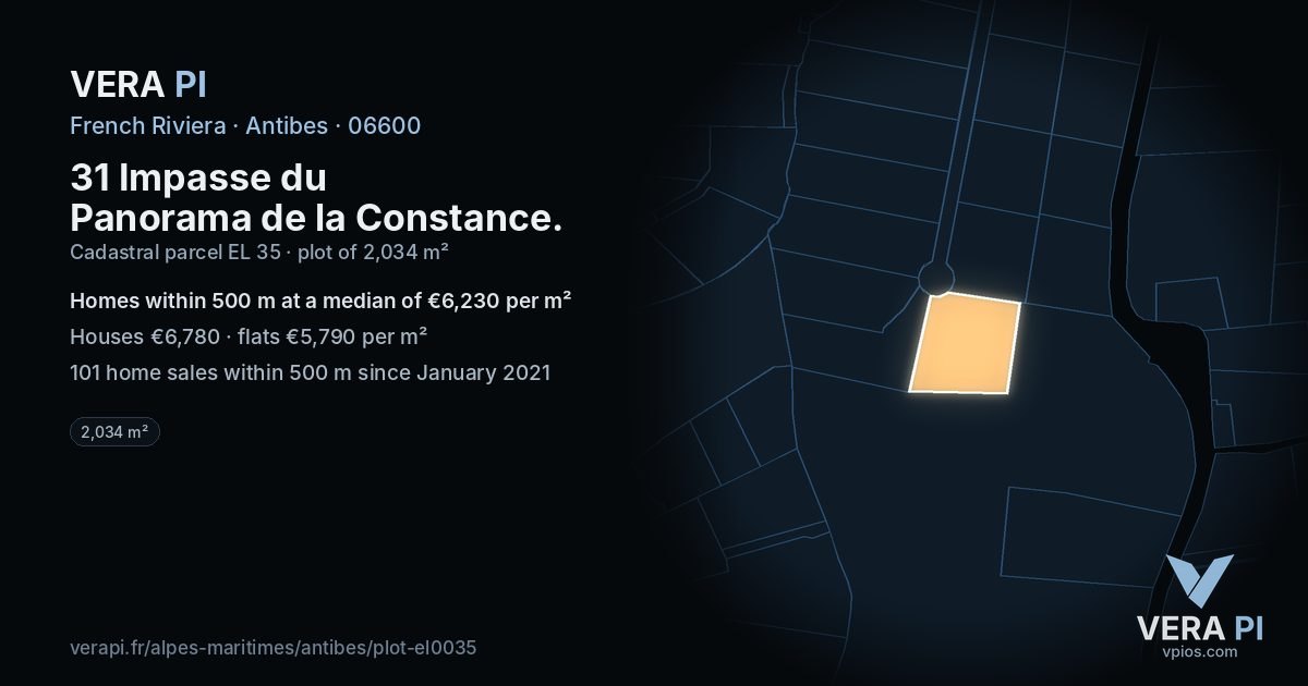 31 Impasse du Panorama de la Constance, Antibes at night – the plot lit, the parcels around coloured by the prices near them