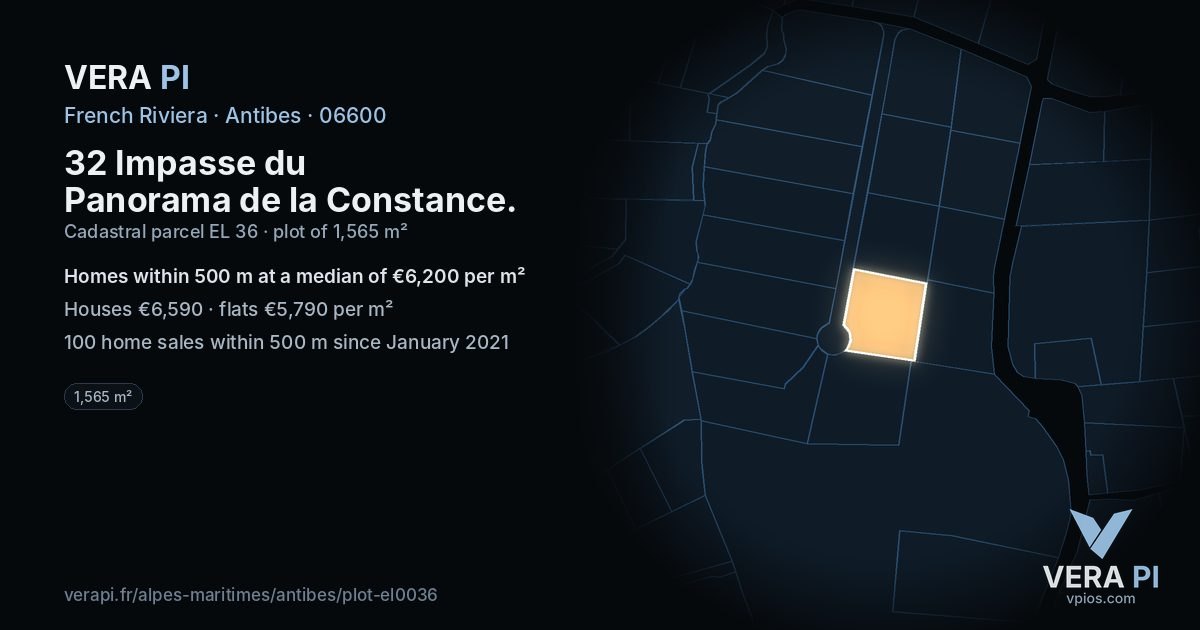 32 Impasse du Panorama de la Constance, Antibes at night – the plot lit, the parcels around coloured by the prices near them