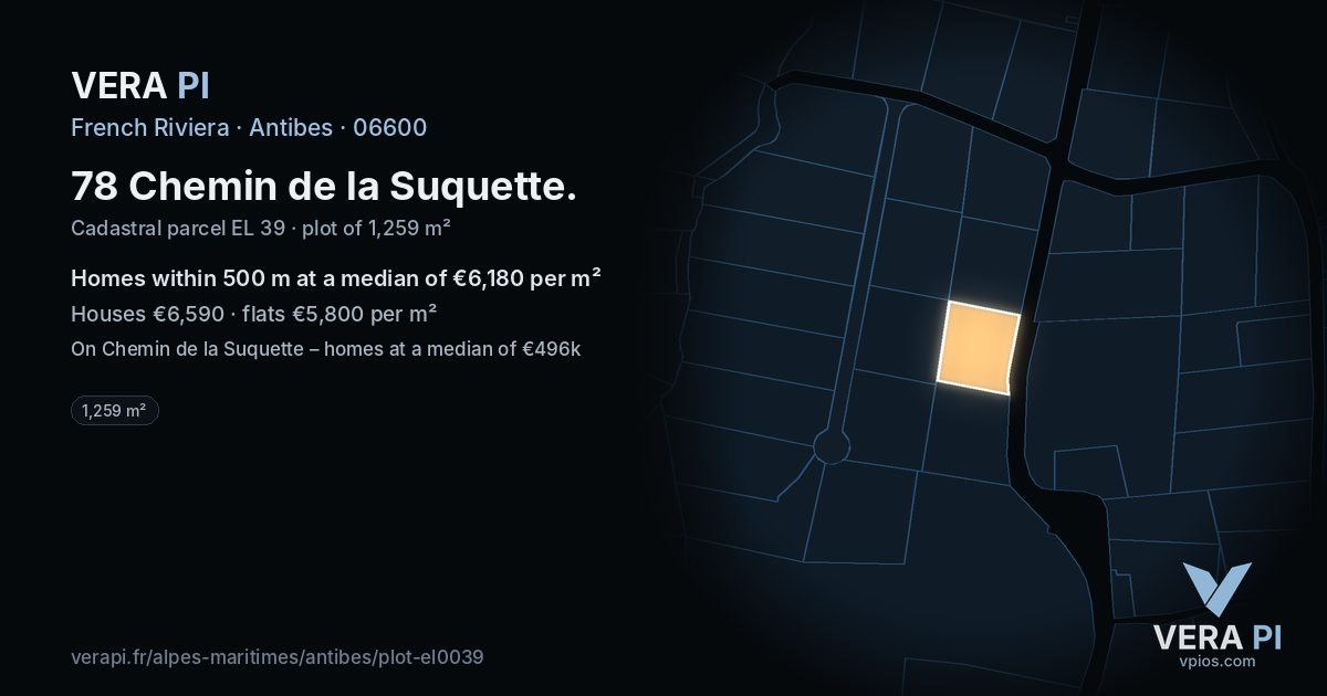 78 Chemin de la Suquette, Antibes at night – the plot lit, the parcels around coloured by the prices near them