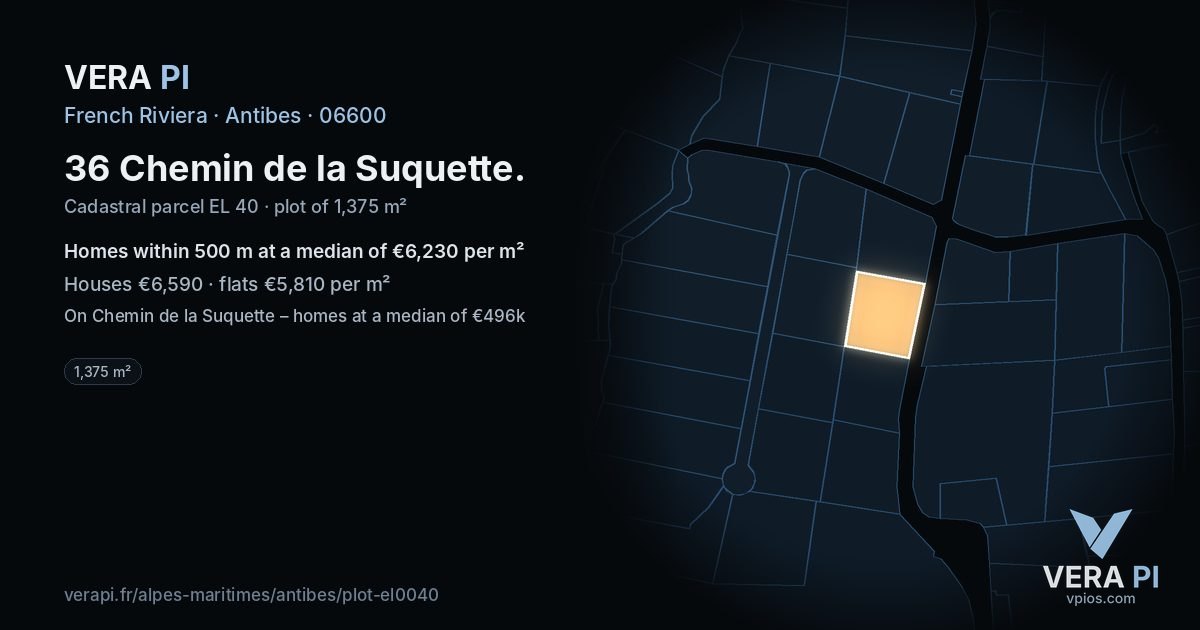 36 Chemin de la Suquette, Antibes at night – the plot lit, the parcels around coloured by the prices near them