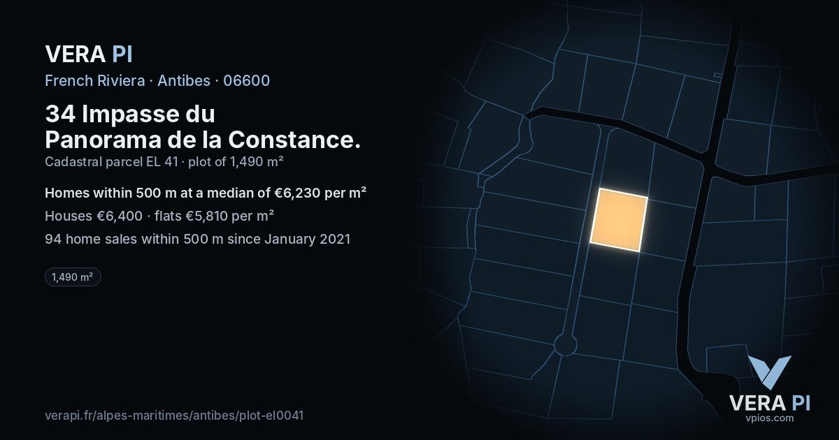 34 Impasse du Panorama de la Constance, Antibes at night – the plot lit, the parcels around coloured by the prices near them