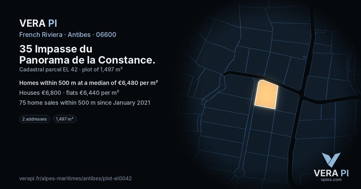 35 Impasse du Panorama de la Constance, Antibes at night – the plot lit, the parcels around coloured by the prices near them