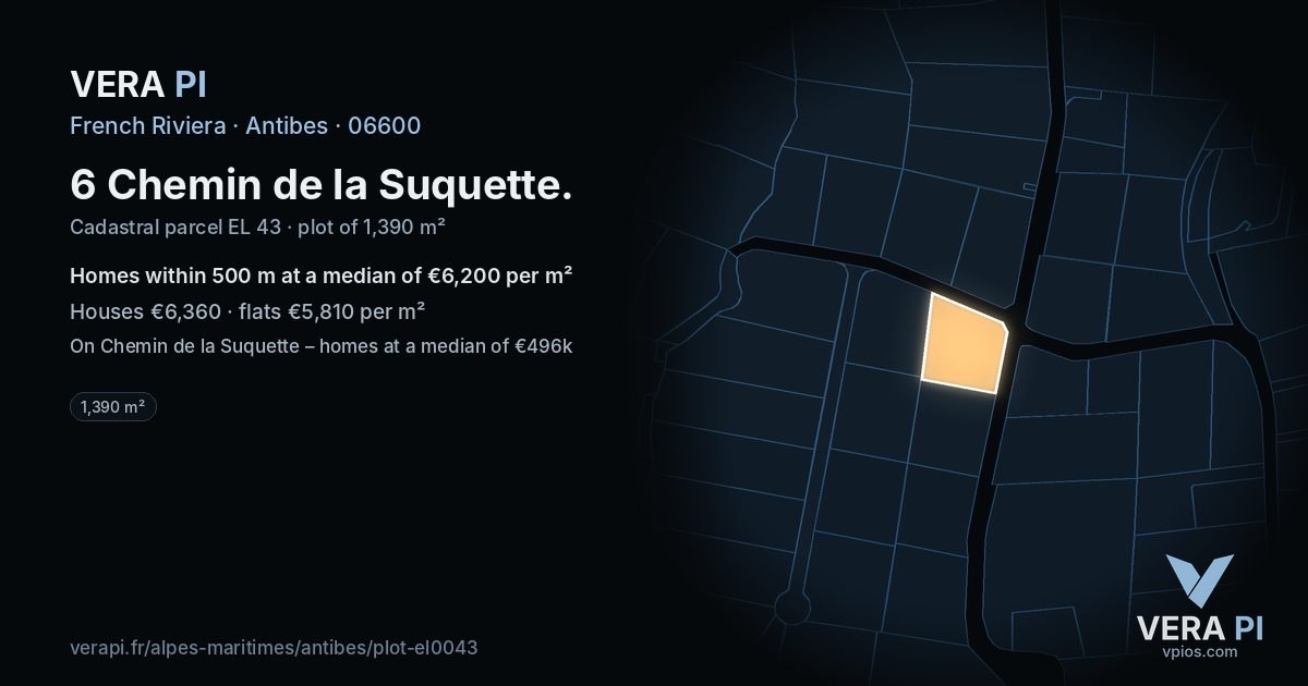 6 Chemin de la Suquette, Antibes at night – the plot lit, the parcels around coloured by the prices near them