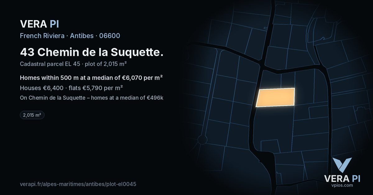 43 Chemin de la Suquette, Antibes at night – the plot lit, the parcels around coloured by the prices near them