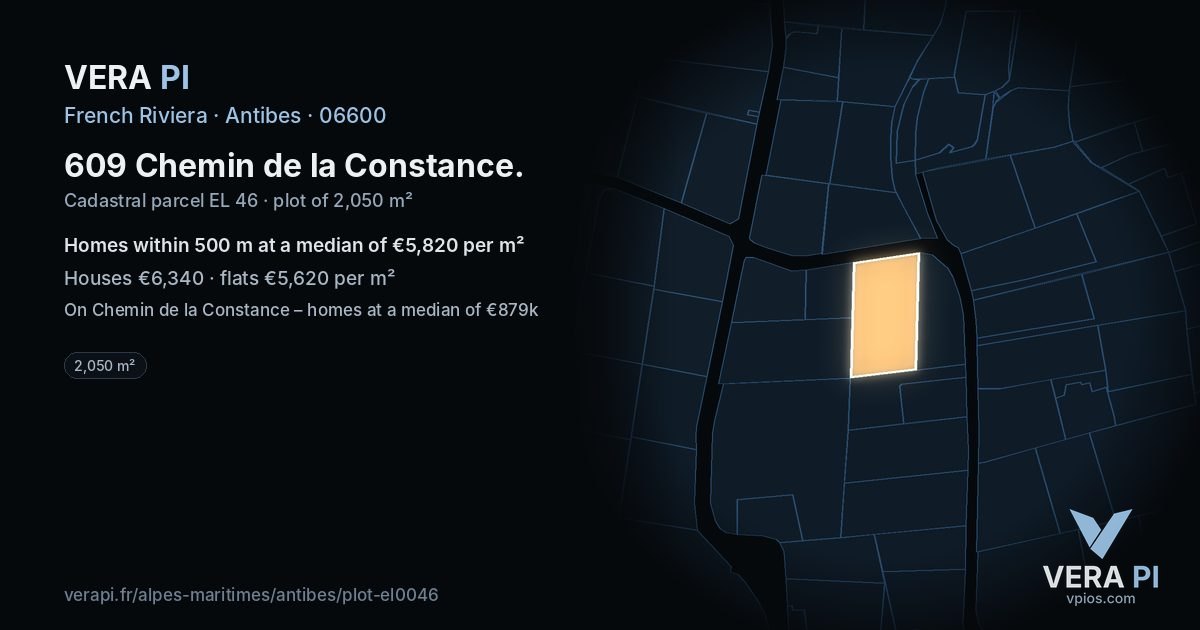 609 Chemin de la Constance, Antibes at night – the plot lit, the parcels around coloured by the prices near them