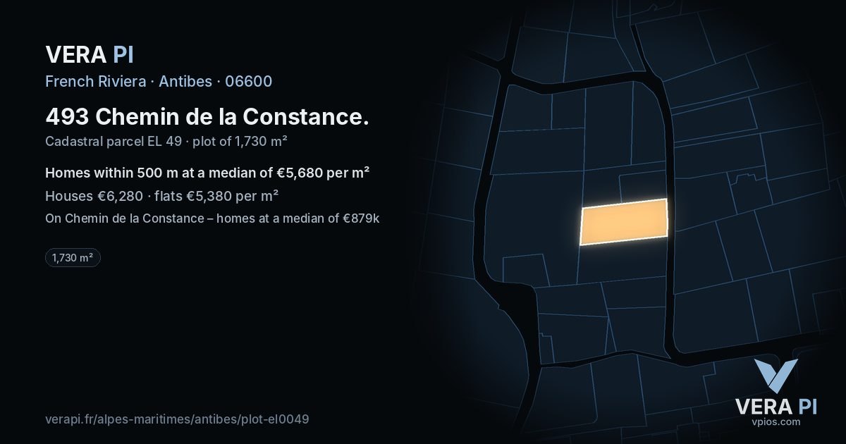 493 Chemin de la Constance, Antibes at night – the plot lit, the parcels around coloured by the prices near them